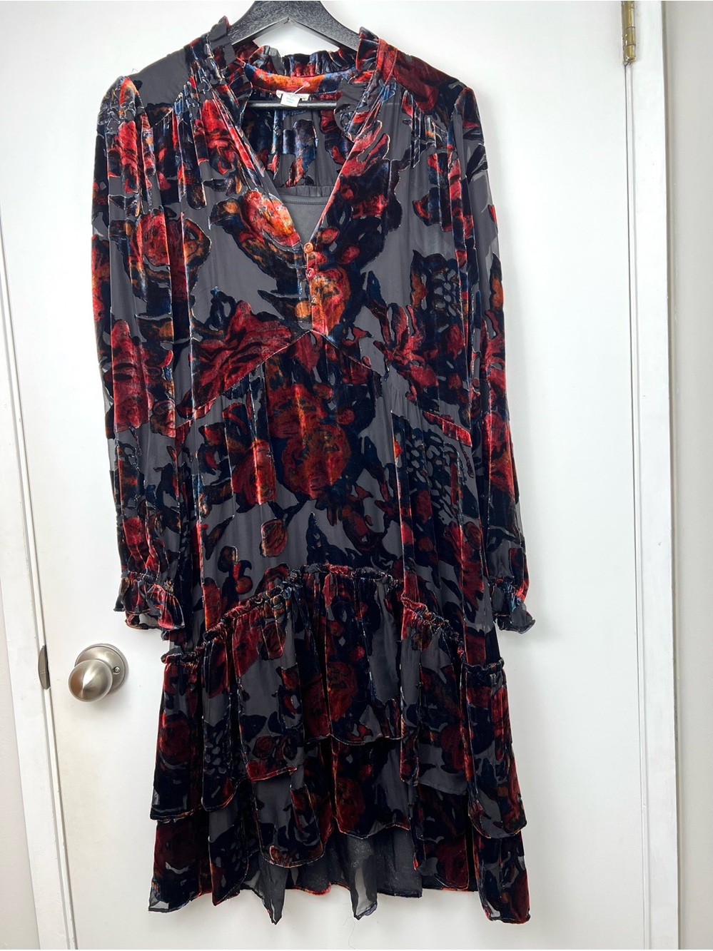 Sundance Burn Out Velvet Knee Length Ruffled Dress M Black Burgundy Boho Flirty